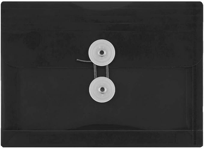 JAM PAPER Plastic Booklet Envelopes with Button & String Tie Closure - Index Size - 5 1/2 x 7 1/2 - Black - 12/Pack