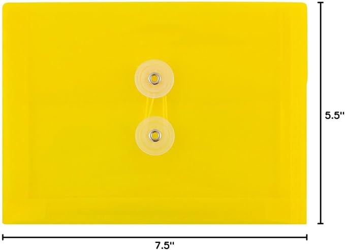 JAM PAPER Plastic Envelopes with Button & String Tie Closure - Index Size - 5 1/2 x 7 1/2 - Yellow - 12/Pack