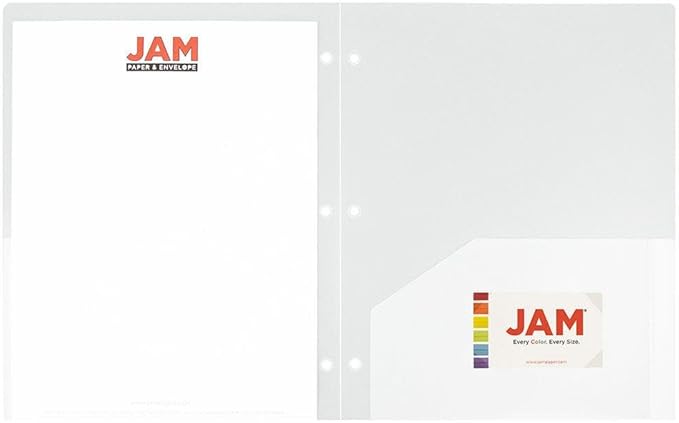 JAM PAPER Heavy Duty Plastic 3 Hole Punch Pocket Folders - Extra Tough School Folders - Clear - Bulk 144/Box