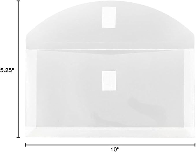 JAM PAPER Plastic Expansion Envelopes with Hook & Loop Closure - #10 Booklet Wallet - 5 1/4 x 10 with 1 Inch Expansion - Clear - 12/Pack
