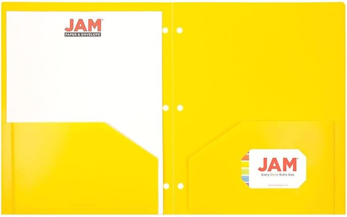 JAM PAPER Heavy Duty Plastic 3 Hole Punch Pocket Folders - Extra Tough School Folders - Yellow - Bulk 48/Pack