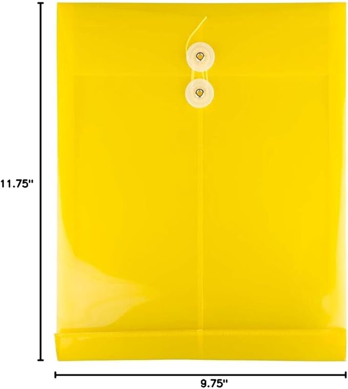 JAM PAPER Plastic Envelopes with Button & String Tie Closure - Letter Open End - 9 3/4 x 11 3/4 - Yellow - 12/Pack