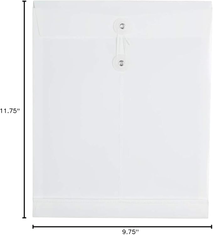 JAM PAPER Plastic Envelopes with Button & String Tie Closure - Letter Open End - 9 3/4 x 11 3/4 - White - 12/Pack