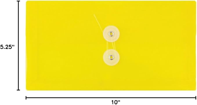 JAM PAPER Plastic Envelopes with Button & String Tie Closure - #10 Business Booklet - 5 1/4 x 10 - Yellow - 12/Pack