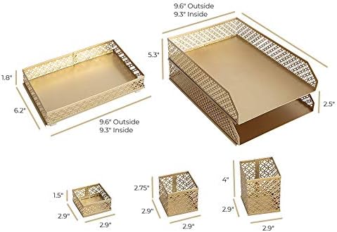 BLU MONACO Gold Desk Organizer Set for Women – 6-Piece Interlocking Office Supplies Set, Pen Cup, 3 Accessory Trays & 2 Letter Trays, Gold Paper Tray Holder