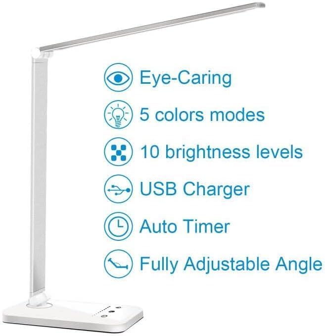 White crown LED Desk Lamp Dimmable Table Lamp Reading Lamp with USB Charging Port, 5 Lighting Modes, Sensitive Control, 30/60 Minutes Timer (White, First-Generation)