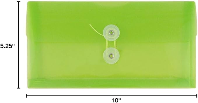 JAM PAPER Plastic Envelopes with Button & String Tie Closure - #10 Business Booklet - 5 1/4 x 10 - Lime Green - 3/pack
