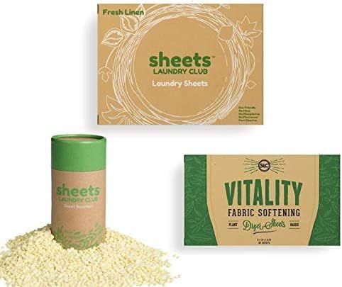 Sheets Laundry Club Bundle - 50 Pack (up to 100 loads) Fresh Linen Detergent Sheets, 40 Pack Vitality Dryer Sheets & 8 Oz. Sea Breeze Scent Booster - New Liquidless Technology
