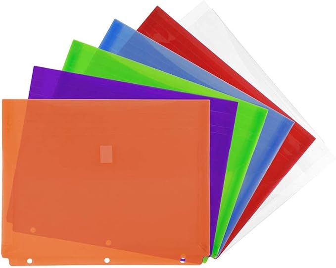 JAM PAPER Plastic 3 Hole Punch Binder Envelopes with Hook & Loop - Letter Booklet - 9 1/2 x 11 1/2 with 1 Inch Expansion - Assorted Colors - 6/Pack