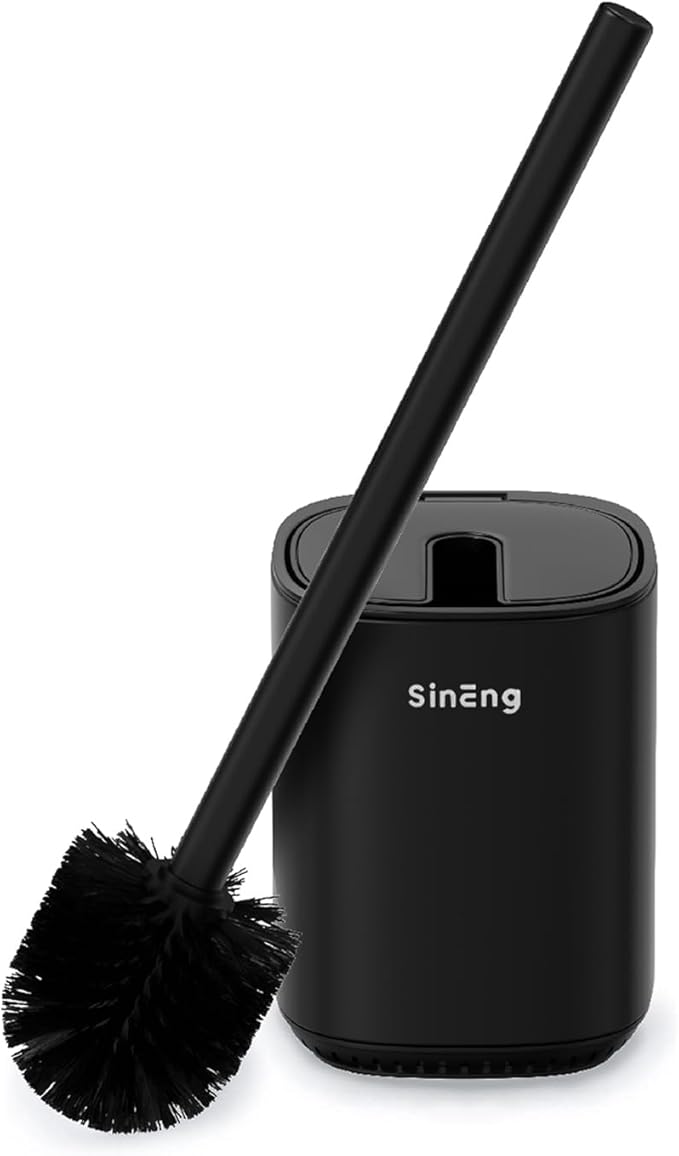Toilet Brush and Holder Set Toilet Bowl Brush Stainless Steel Automatic Open lid Toilet Bowl Cleaner Brush with Durable Bristle Head Toilet Cleaning Brush for Bathroom (Black, 1 Pack)