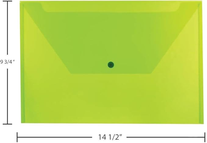 JAM PAPER Plastic Envelopes with Snap Closure - Legal Booklet - 9 3/4 x 14 1/2 - Lime Green - 12/Pack