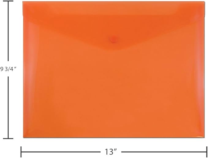 JAM PAPER Plastic Envelopes with Snap Closure - Letter Booklet - 9 3/4 x 13 - Orange - 12/Pack