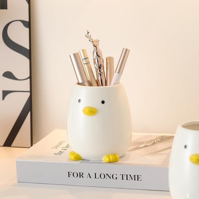 Ceramic Round Pen Holder for Desk Cute Cartoon Animal Stand Pencil Cup Pot Desk Organizer(Gray White), Yellow