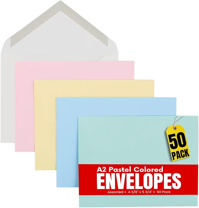 1InTheOffice A2 Envelopes, Colored Envelopes, Invitation Envelope Quarter Fold, 4 3/8" x 5 3/4", 50/Box
