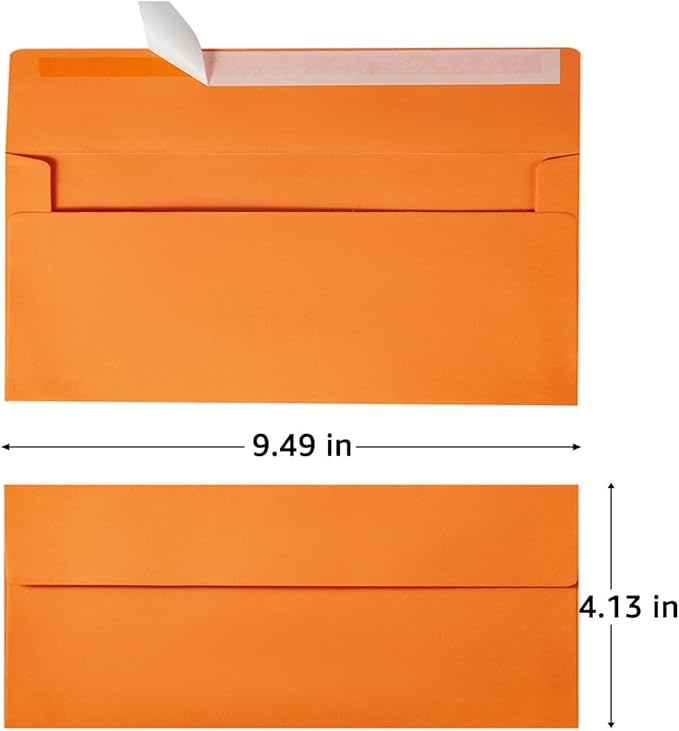 100 Pack Colorful #10 Business Envelopes Self Seal Standard Envelopes for Office Checks, Business, Letter Mailing Invoices, 4.13 x 9.49 Inches (Dark Orange)