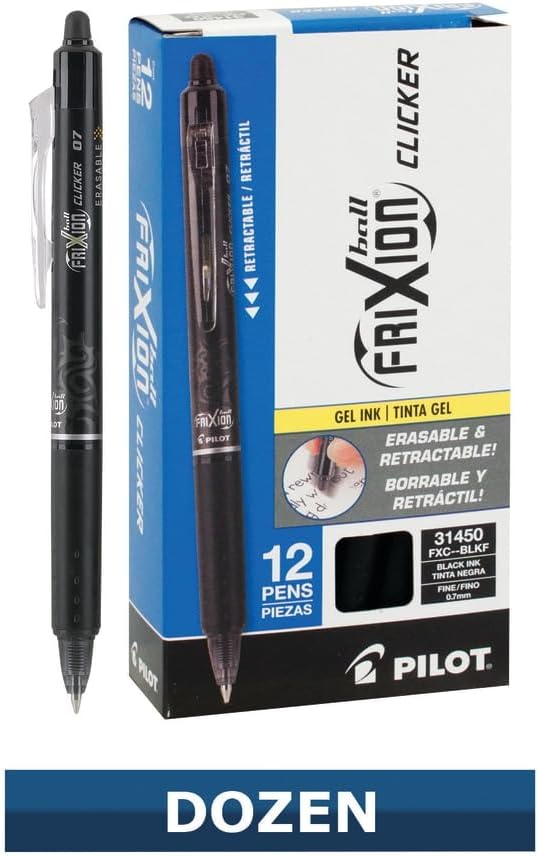 Pilot FriXion Ball Clicker Retractable Erasable Gel Pen, Fine Point, 0.7mm, Black Ink, 12 Count