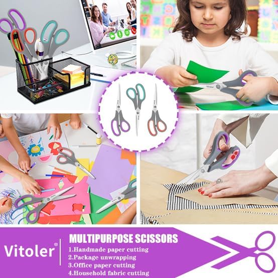 Vitoler Scissors All purpose, 8.5" Heavy Duty Scissors for School Office Supplies,Kitchen Shears for Food Fabric,Right/Left Handed School Scissor for Kids