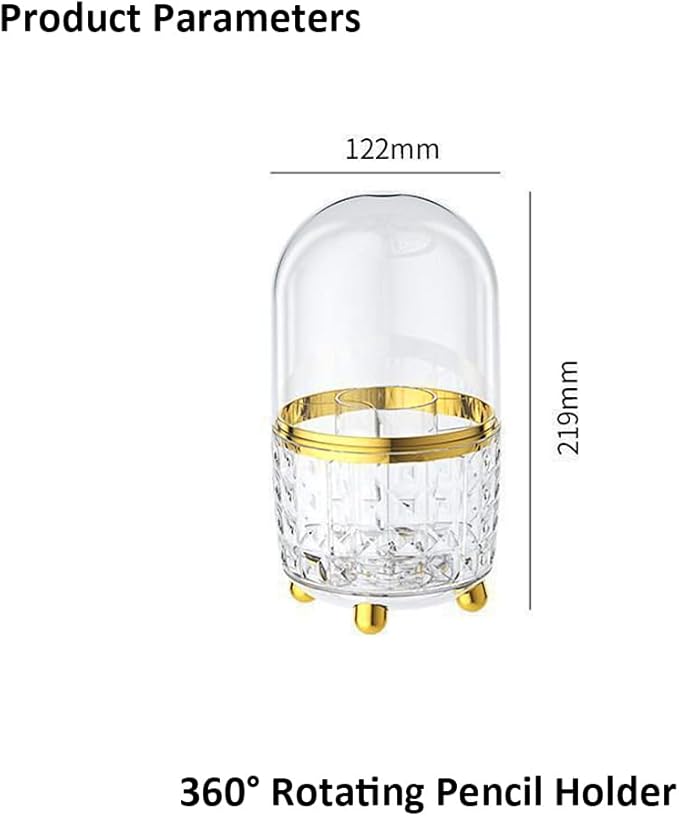 360° Rotating Pencil Holder for Desk, Makeup Brush Holder with 6 Slots, Desk Organizer for Writing Utensil, Office and School Supplies (Clear with cover)