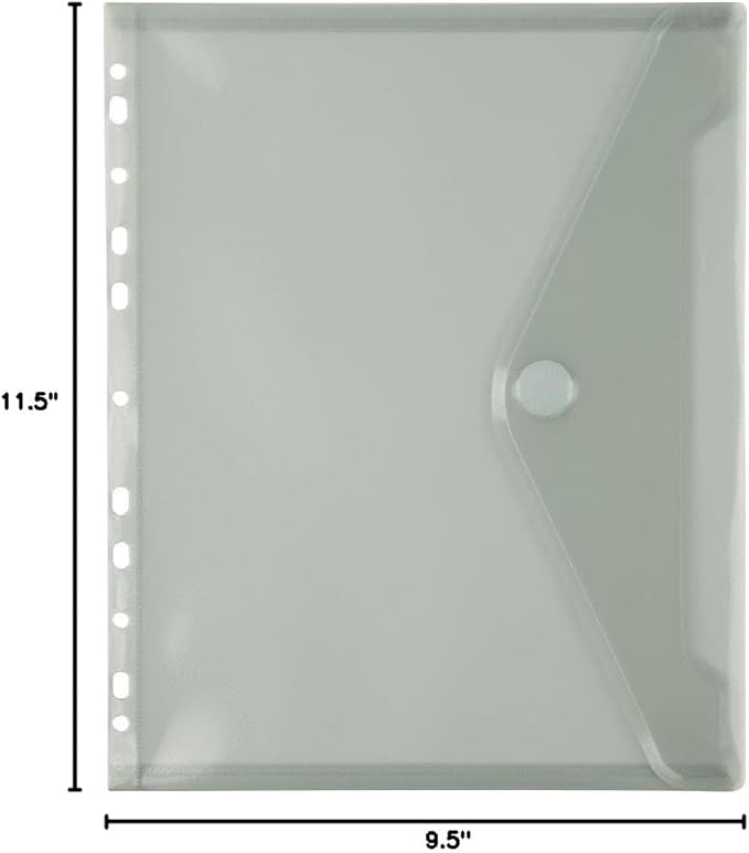 JAM PAPER Plastic 3 Hole Punch Binder Envelopes with Hook & Loop Closure - Letter Booklet - 9 1/2 x 11 1/2 - Smoke Grey - 3/Pack