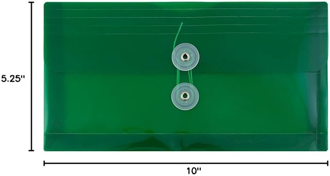 JAM PAPER Plastic Envelopes with Button & String Tie Closure - #10 Business Booklet - 5 1/4 x 10 - Green - 12/Pack