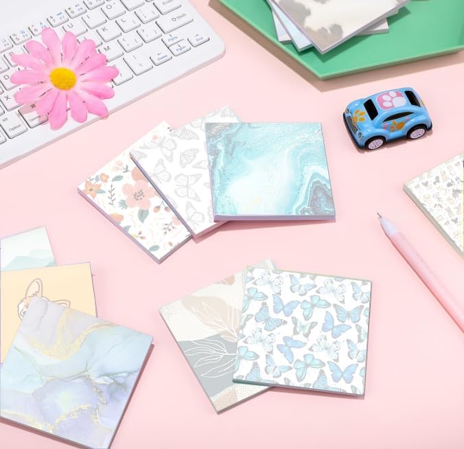 2 Pack Sticky Notes 3x3 Inches, Bright Cute Strong Sticking Power, Easy to Post for Home, Office, 80sheets/Pads, Art Butterfly Pattern Black White