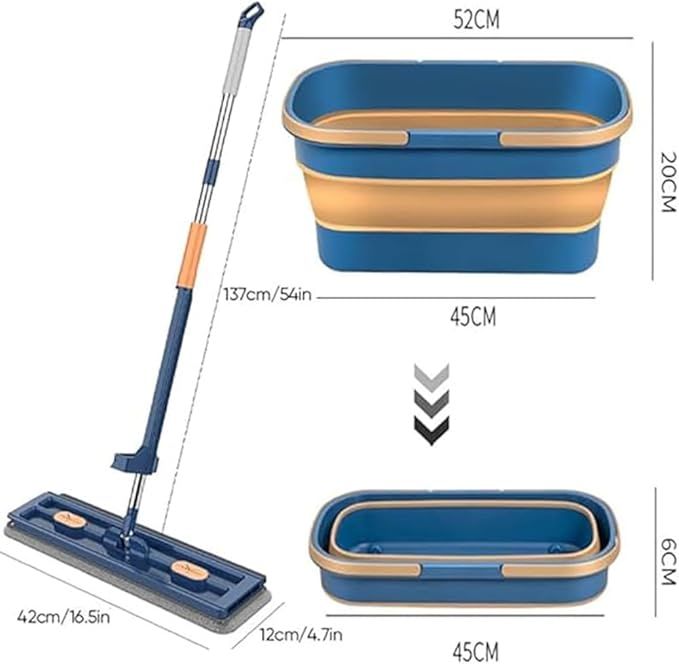AQWEI Large Flat Mop with Bucket, 54" Large Flat Mop with Wringer, Wet and Dry Large Flat Mop with 4 Microfiber Pads (White)