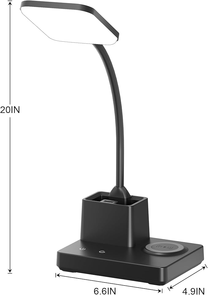 Sailstar Desk Lamp, Table Lamp with Wireless Charger & USB Port, 800LM CRI95 3 Color Modes Dimmable Touch 360°Gooseneck Pen Holder, LED Desk Lamps for Home Office, College Dorm Room, Adapter Included