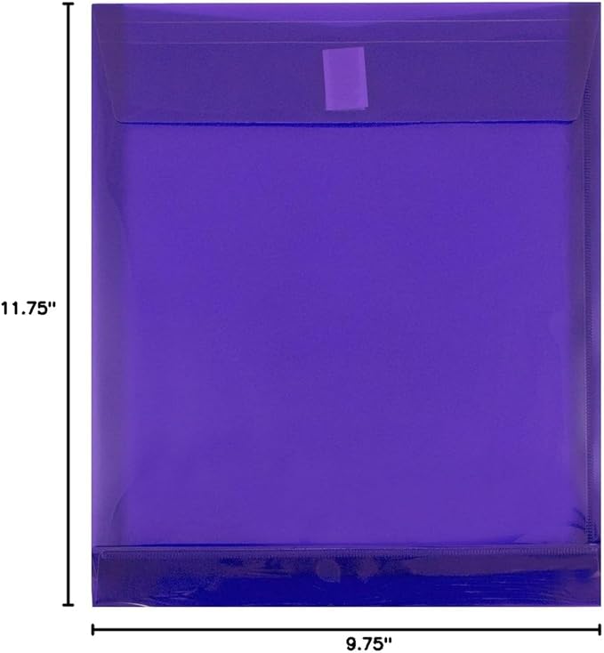 JAM PAPER Plastic Expansion Envelopes with Hook & Loop Closure - Letter Open End - 9 3/4 x 11 3/4 with 1 Inch Expansion - Purple - 12/Pack