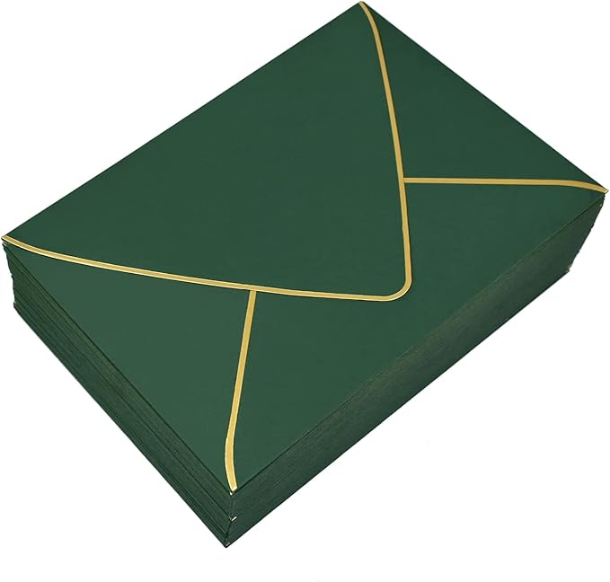 A7 Green Envelopes 50 Pack With Gold Border Christmas Envelopes 5 x 7 - V flap, Quick Self Seal, For 5x7 Cards| Perfect for Weddings, Invitations, Photos, Graduation, Baby Shower (Green)