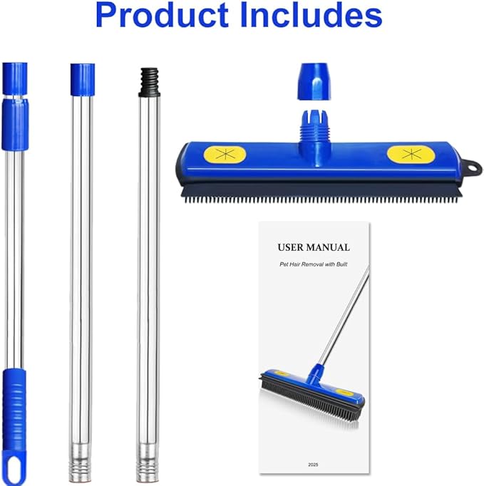 AODOZO Pet Hair Removal Broom - with 58" Telescopic Handle Broom with Squeegee - Fur Hair Remover Tool for Carpet Rugs, Mats. Hardwood, Tile, Window