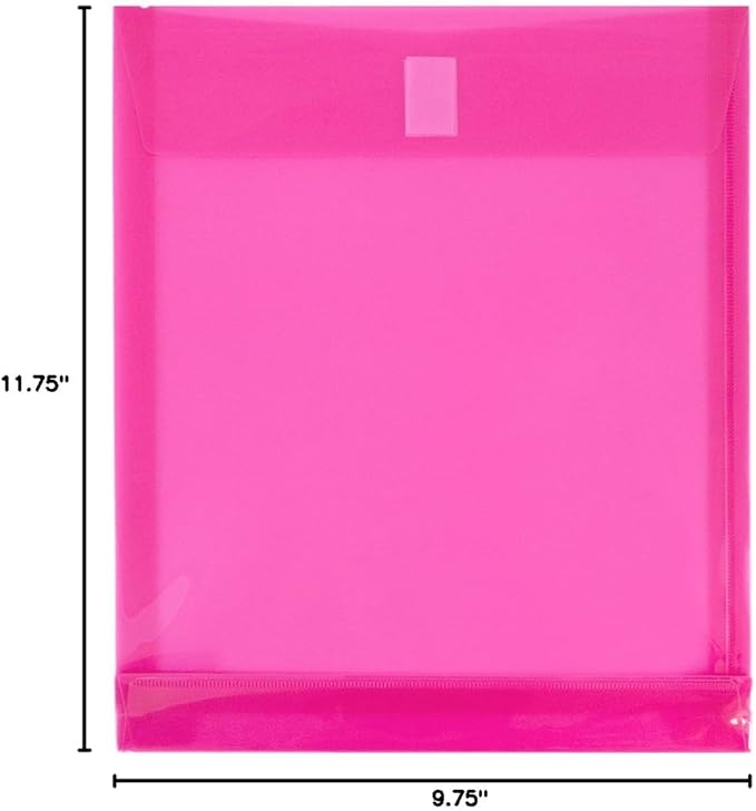 JAM PAPER Plastic Expansion Envelopes with Hook & Loop Closure - Letter Open End - 9 3/4 x 11 3/4 with 1 Inch Expansion - Fuchsia Pink - 12/Pack