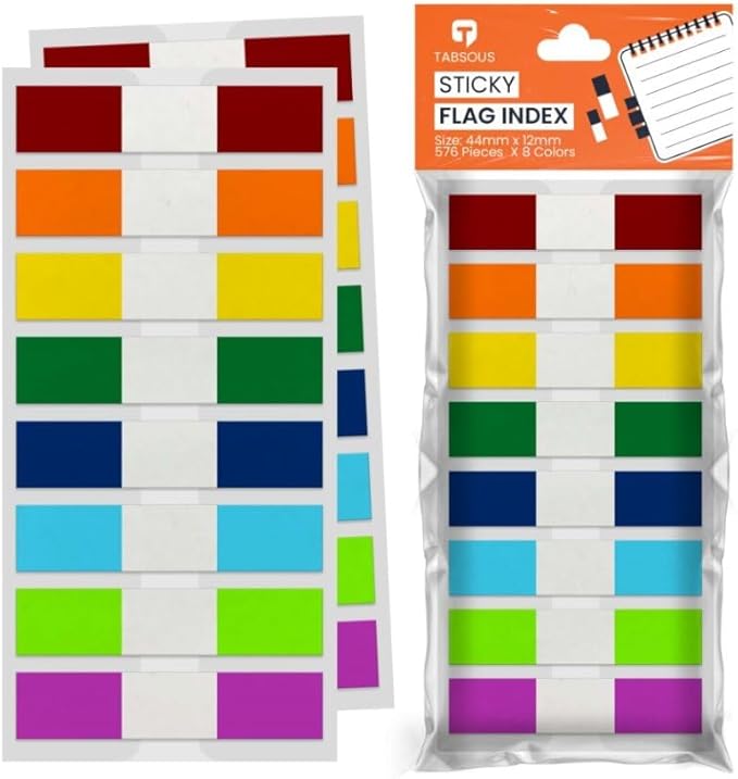 Tabsous 960 Sticky Tabs - Repositionable, Writable Index Tabs & Page Flags for Books, Files, and Notes - Transparent Colored Markers for Organizing, Highlighting, Classifying Documents (08 Colors)