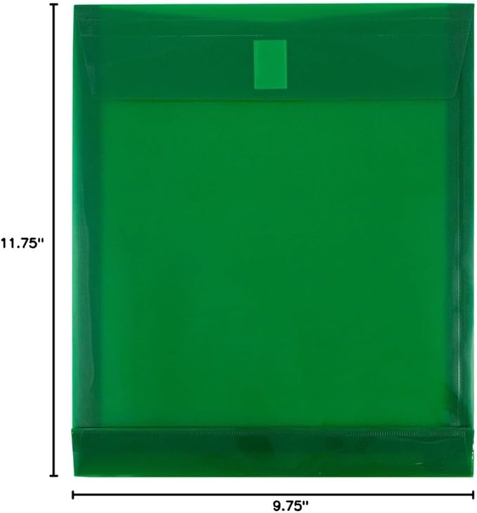 JAM PAPER Plastic Expansion Envelopes with Hook & Loop Closure - Letter Open End - 9 3/4 x 11 3/4 with 1 Inch Expansion - Green - 12/Pack