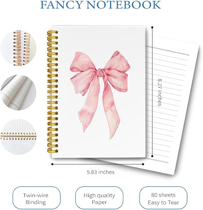 LiTiu Pink Cute Coquette Preppy Spiral Journaling Notebook, Aesthetic Notebook for School Teen Girls Women, Trendy Funky Hardcover Spiral Campus Notebooks 80 Sheets 5.8x8.3