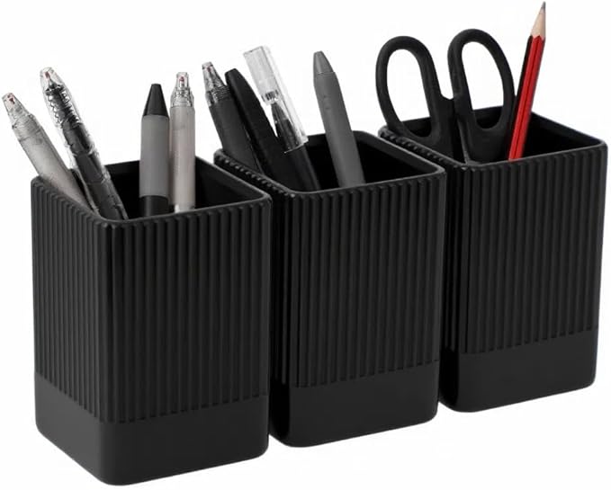 3 Pack Aesthetic Pen Holder for Desk-Sturdy Plastic Pencil Holder - Stylish Makeup Brushes Cup for Women Girls - Cute and Functional Desk Organizer for Office Supplies - Modern Office Decor Pen Cup