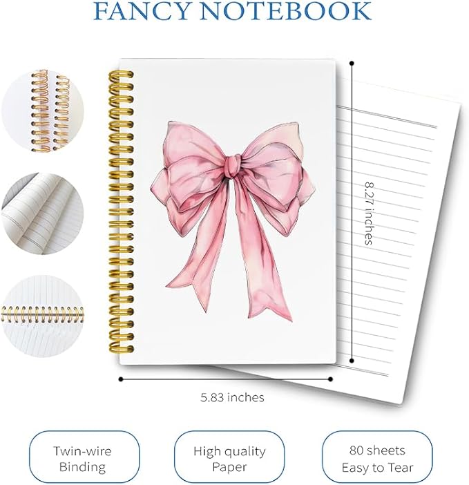 LiTiu Cute Pink Bow Preppy Notebook Journal, Cute Spiral Journaling Notebooks for School Teen Girls, Coquette Preppy Spiral Campus Notebook 80 Sheets 5.8x8.3