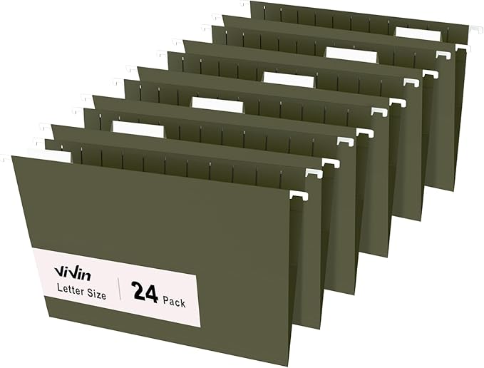 ViVin Hanging File Folders, 1/5-Cut Adjustable Tabs with 24 Per Box, 2 Inch Expansion, 24 Pack Letter Size Hanging File Folders, Designed for Office Home School Filing Cabinet(Green)