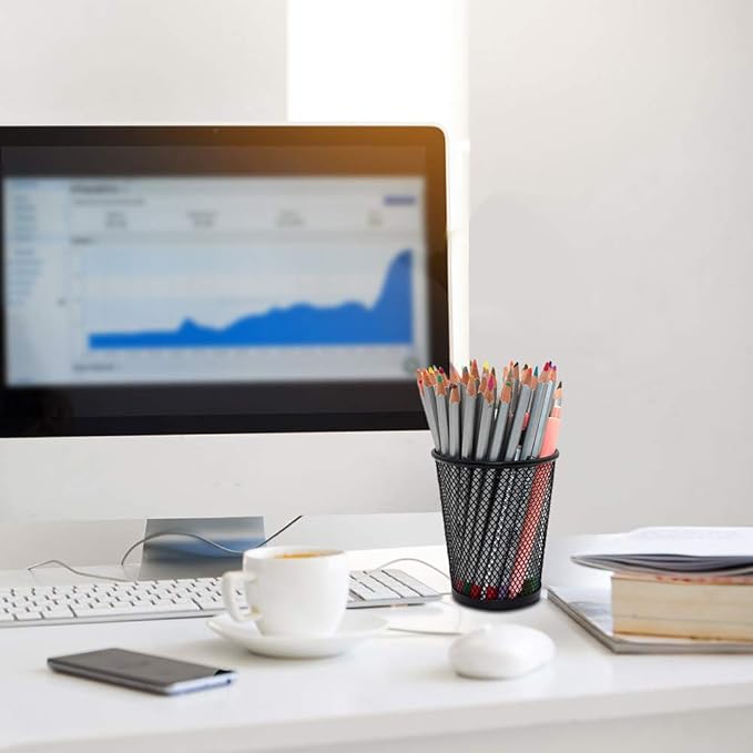 4 Pack Pen Holder Metal Mesh Pencil Holders Round Shaped Pen Holders for Desk Office Wire Mesh Container Pen Organizer,Black