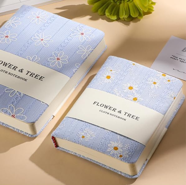 Daisy Gifts for Women, A6 Pocket Notebook, Floral Fabric Journal, 4x6 Lined Notebook & Blank Sketchbook, Cute Small Notebook, Daisy Floret Blue Journal, Gift for Girls.
