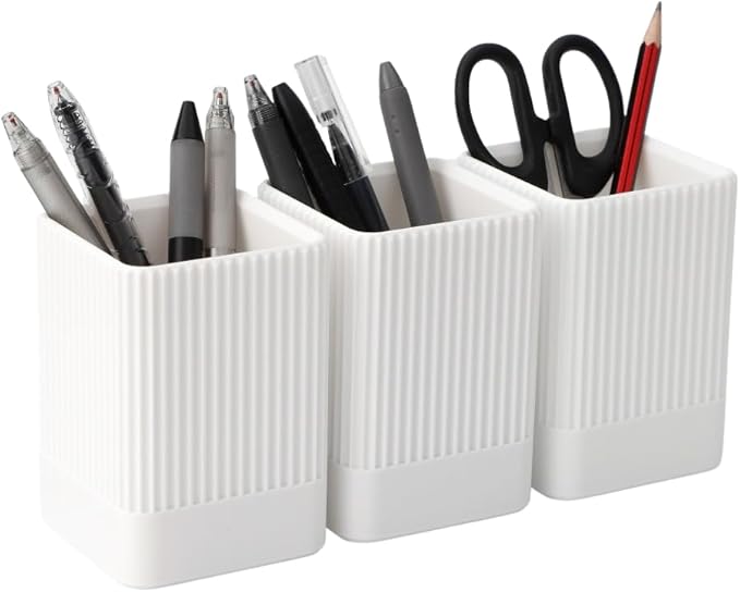 3 Pack Aesthetic Pen Holder for Desk-Sturdy Plastic Pencil Holder - Stylish Makeup Brushes Cup for Women Girls - Cute and Functional Desk Organizer for Office Supplies - Modern Office Decor Pen Cup