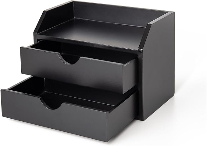 ROSE BLOOM Black Wood Desk Organizer with 2 Drawer, Mini Cute Cabinet with Storage Shelf for Tabletop, Small Desktop Box Organizer for Cosmetic Office Supplies