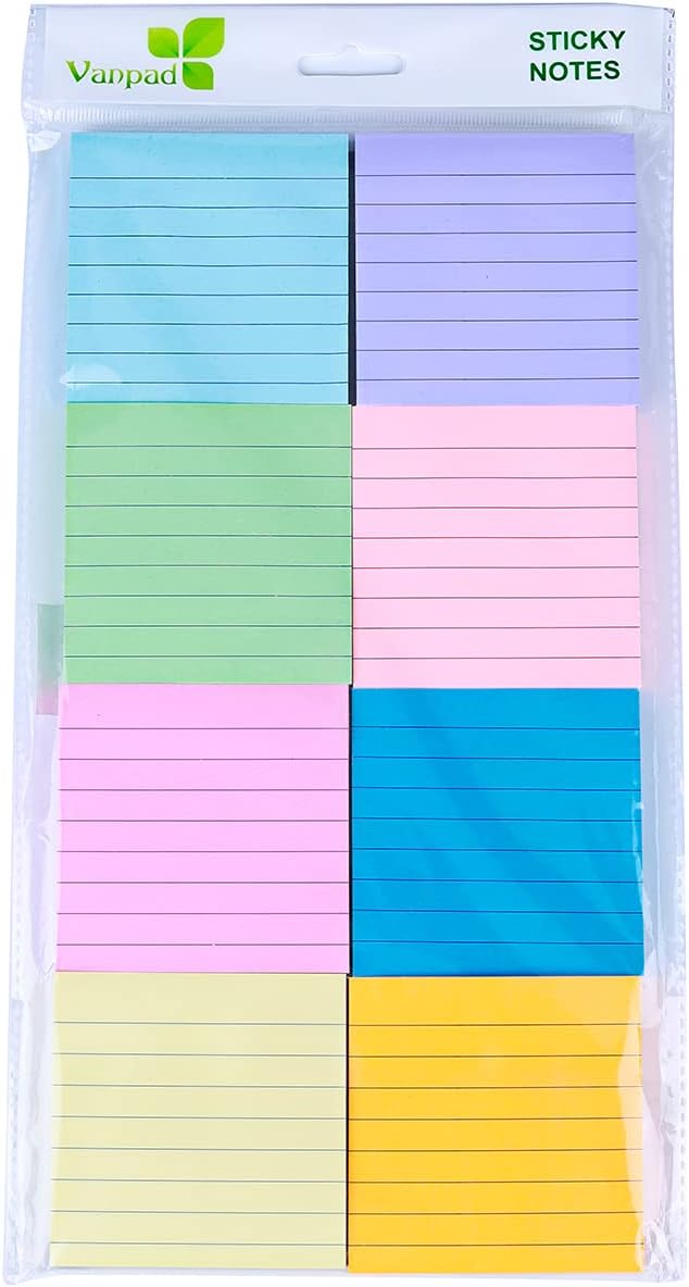 Vanpad Lined Sticky Notes 3x3 in Pastel Ruled Stickies Colorful Super Sticking Power Memo Pads, 82 Sheets/pad, 8 Pads/Pack