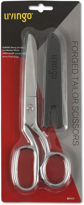 LIVINGO 8" Professional Heavy Duty Tailor Fabric Scissors, Dressmaker Sewing Classic Stainless Steel Ultra Sharp Forged Shears, Bent A-silver