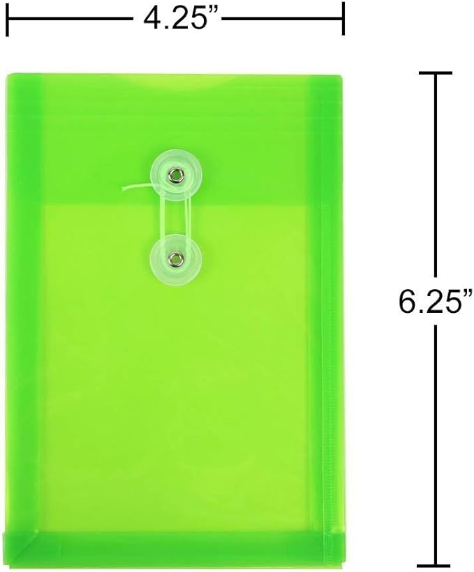 JAM PAPER Plastic Envelopes with Button & String Tie Closure - 6 1/4 x 9 1/4 - Lime Green - 12/Pack