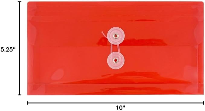 JAM PAPER Plastic Envelopes with Button & String Tie Closure - #10 Business Booklet - 5 1/4 x 10 - Red - 12/Pack