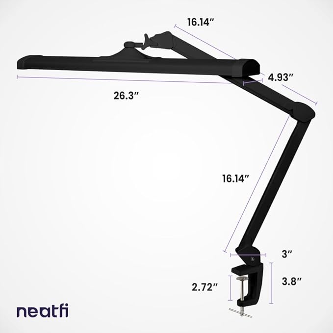 Neatfi Ultra 3,500 Lumen LED Desk Lamp, 45W, 26-Inch Wide Metal Shade, 270 SMD LEDs (Non-CCT with Clamp, Black)