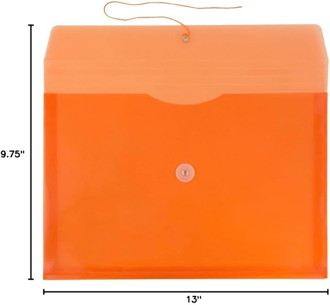 JAM PAPER Plastic Envelopes with Button & String Tie Closure - Letter Booklet - 9 3/4 x 13 - Orange - 12/Pack