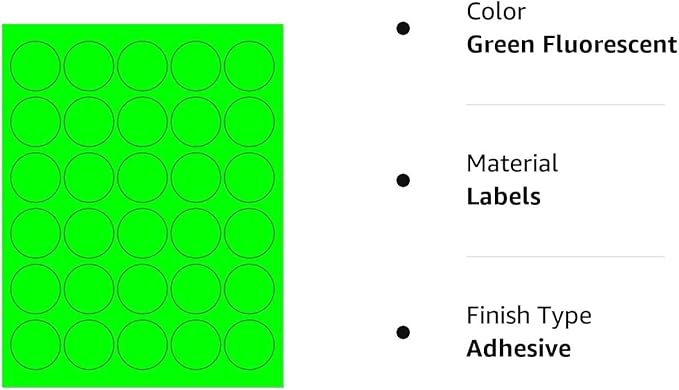 Pack of 100 Sheets, 8-1/2 x 11" Fluorescent Labels for Laser & Inkjet Printer (Green Fluorescent, 1.5" Round 30 per Page, 3000 Labels)