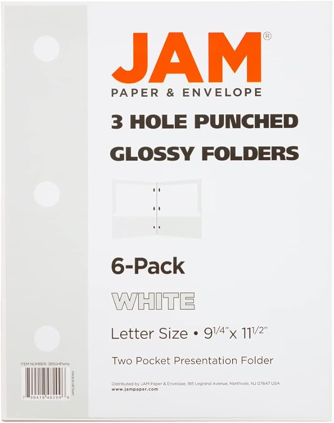 JAM PAPER Laminated Two Pocket Glossy 3 Hole Punch School Folders - Letter Size - High Gloss White - Bulk 25/Pack