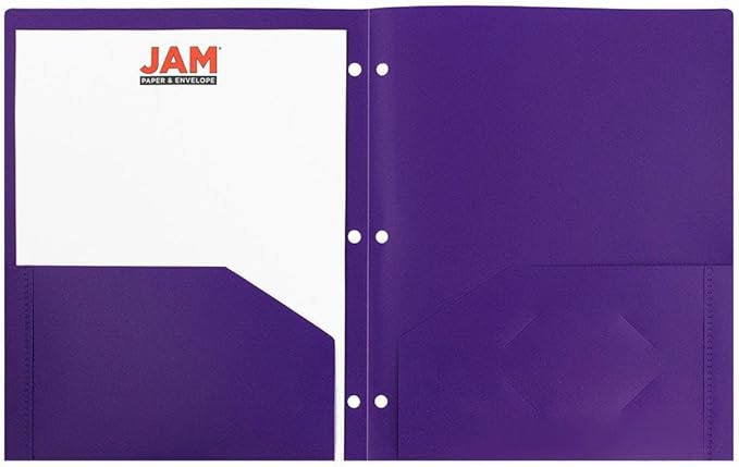 JAM PAPER Heavy Duty Plastic 3 Hole Punch Pocket Folders - Extra Tough School Folders - Purple - Bulk 48/Pack